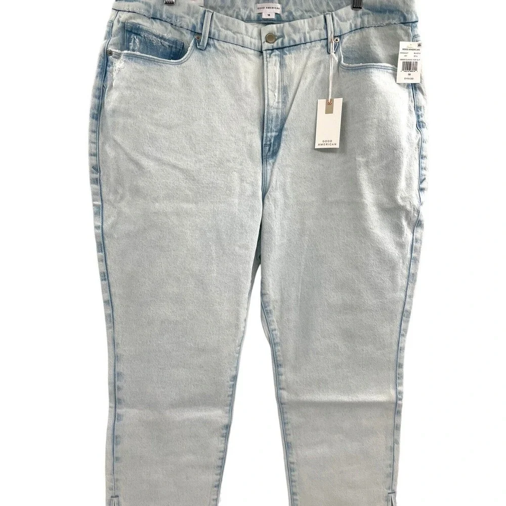 Good American Good Classic Side Slit Hi Rise Light Wash Jeans Size 18 $169
